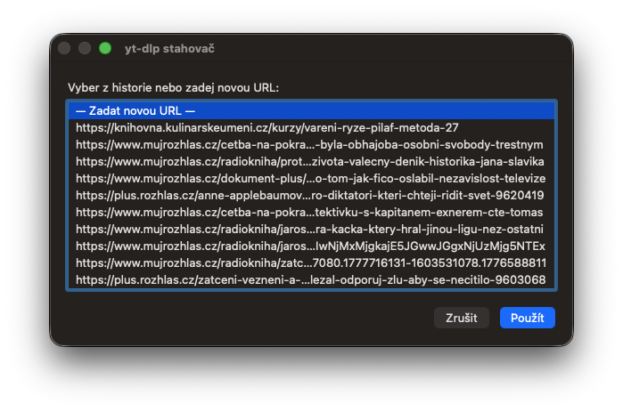 Výběr adresy z historie aplikace